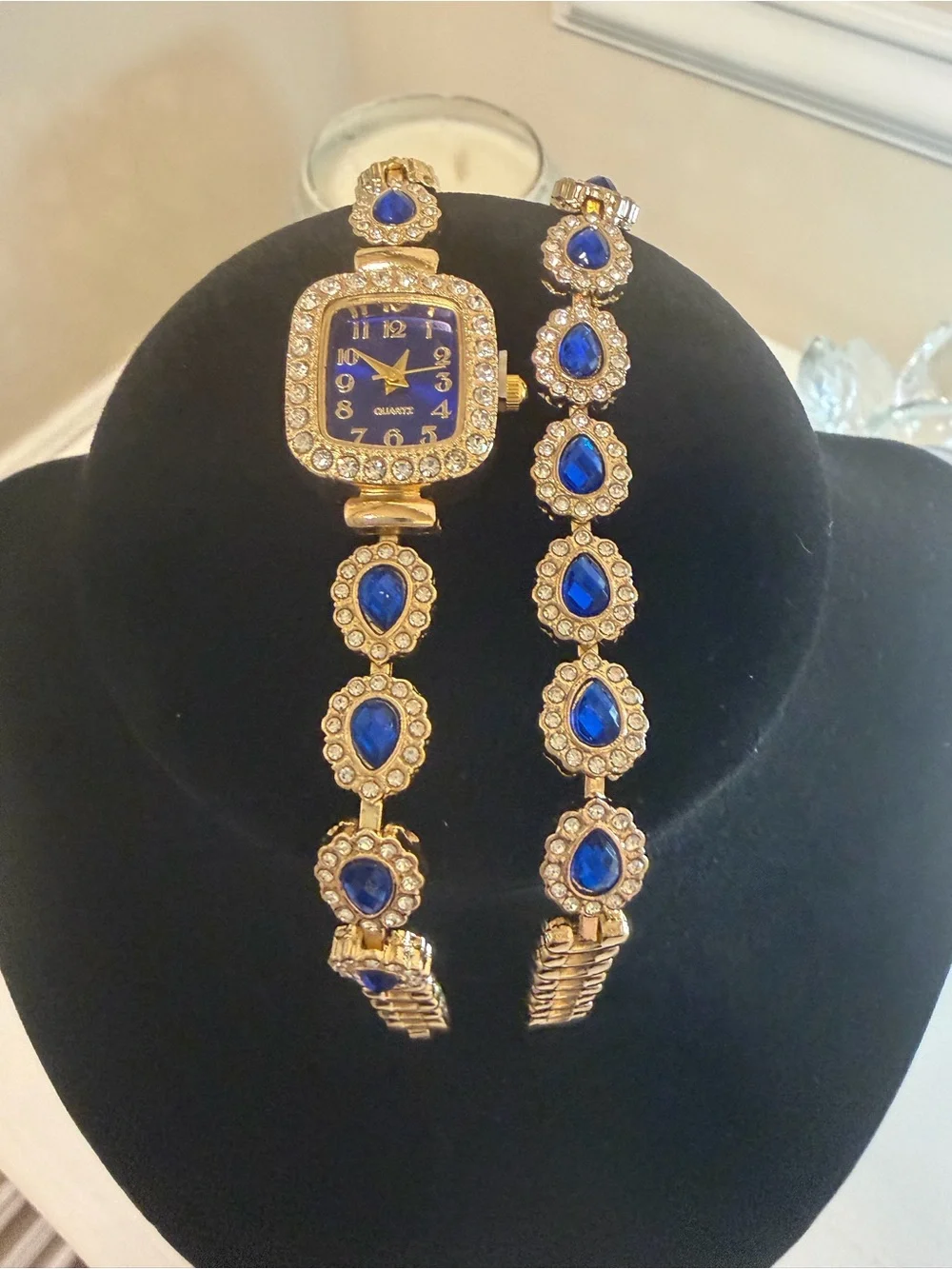 Gold-Tone Bracelet Watch with Royal Blue Dial and Crystal Accents